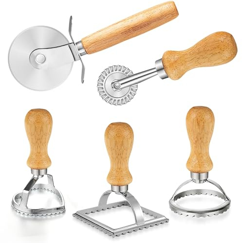 ARTPICO Ravioli Stamp Maker Cutter Roller Wheel Set of 5 Pasta Making Kit Wooden Handle Fluted Edge for Ravioli Press Cutter Pastry Dumplings Lasagna Pierogi Dough cut