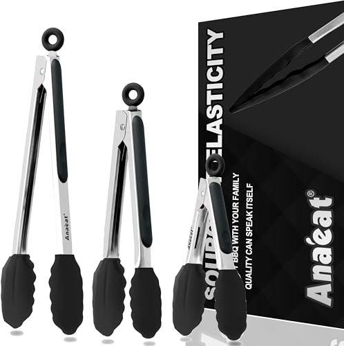 Anaeat Non-Stick Silicone Locking Tong Set of 3 - Stainless Steel 7, 9, 12 Kitchen Food Tongs with Non-Slip Silicone Tips and Grip for Cooking, Baking and BBQ - Heat Resistant up to 480°F (Black)