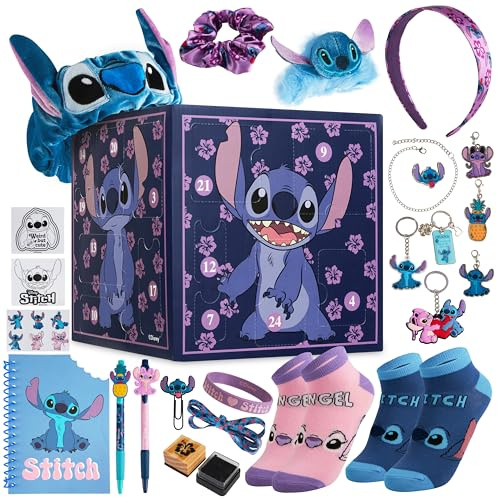 Disney Stitch Adventskalender 2025 Kinder Jugendliche Weihnachtskalender mit 24 Überraschungen Schreibwaren oder Haarschmuck Mädchen Geschenk Idee (Lila Stitch Würfel)