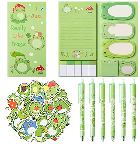 A1DIEE 57 Stück Frosch Schreibwaren Set für Student Cute Tier Stationary Geschenke inklusive Bündel Haftnotizen Gelschreiber Selbstklebende Aufkleber Notizzettel Index Tag Bürobedarf Schule Zubehör