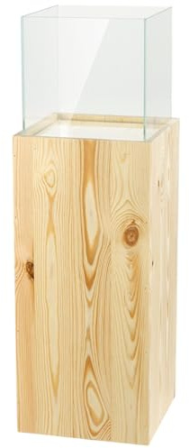 Columna portavelas de Madera y Vidrio, Farol Decorativo de Suelo, candelabro de diseño para salón, balcón o terraza, Acabado Madera Natural, Altura 80 cm