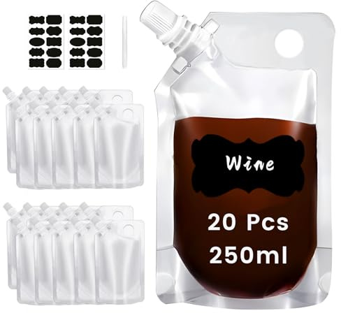 20pcs 250ml Refillable Drinks Pouches for Festivals with Carrying Hole, Clear Travel Plastic Drinks Pouches with Stickers and Pen – Camping and Festival Essentials