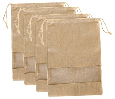 ANDRESLAD 4 Pack Drawstring Shoes Bag Cotton Linen Shoe Bags for Travel and Home Storage Transparent Window Medium Size Closet Organiser for Seasonal Shoes Luggage Packing