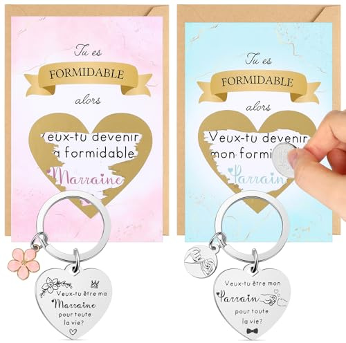 Jadive Set de Cadeau pour Marraine Parrain 2 Porte-Clé Marraine Parrain 2 Carte à Gratter Demande marraine 2 Autocollant à Gratter 2 Enveloppe Annonce Baptême Cadeau Noël Naissance(Fleurs)