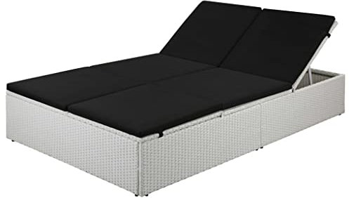 SDWEHO7 Outdoor Doppelliege 2 Personen Outdoor Sonnenbett Doppel-Sonnenliege Garten Liege Bett Gartenbett mit Sitzkissens, Poly Rattan Weiß und Schwarz