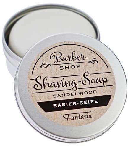 Fantasia Beauty - Sapone da barba da uomo e da donna, in legno di sandalo, 100 g, per rasatura di alta qualità, vegano, per pelli sensibili, sapone da barba, da uomo e da donna, con barattolo di