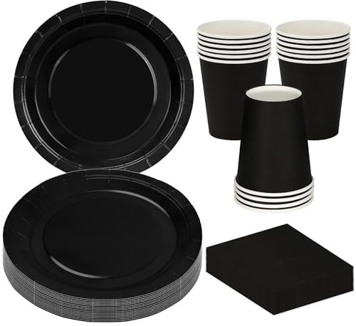 MestectPET Vaisselle de Fête Noir 56 Pièces, Assiettes Gobelets et Serviettes en Papier pour 16 Invités, Ensemble de Vaisselle pour Anniversaire Mariage Baby Shower Barbecue Pique Niques