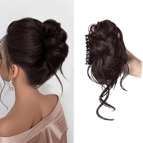 XFSRG Haarschmuck Klaue Clip in Messy Bun Haarteil Lockig Chigno Haardutt Haarverlängerung Pferdeschwanz Haarteile Haar für Frauen und Mädchen(Dunkelbraun)