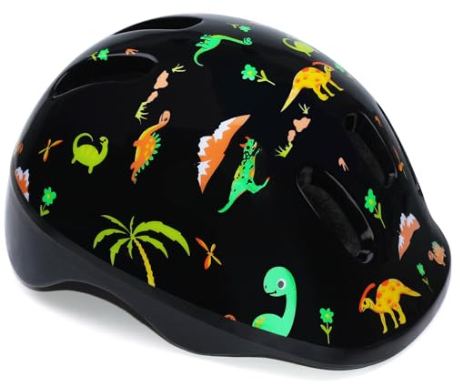 Gudook Casco da bicicletta per bambini, per ragazzi/ragazze, 3-8, facile da regolare e ventilazione, protezione per scooter e pattinaggio a rotelle (mondo dinosauro nero)
