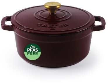 Salter Chester Casseruola in Ghisa – Rossa, 24CM, Coperchio Auto-Bagnante, Pentola Olandese, Dalla Piastra al Forno, Tutti i Tipi di Piastre incl. Induzione, 3.4L, Senza PFAS, Trattenimento del Calore