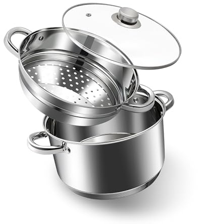 AuFranc® Dampfgarer aus Edelstahl 18/10 mit Glasdeckel, Induktion Dampftopf 20 Zentimeter, 3 Liter Dampfgarer Topf Stapelbar Kompatibel mit Allen Herdarten, Ungiftig zu Oven & Dishwasher Safe (Silber)