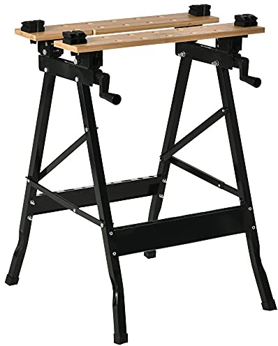 HOMCOM Banco da Lavoro Pieghevole con 4 Morse, Tavolo da Lavoro Portatile e Regolabile con Riga e Goniometro, per Casa e Fai da Te, Portata 150 kg, Nero e Legno