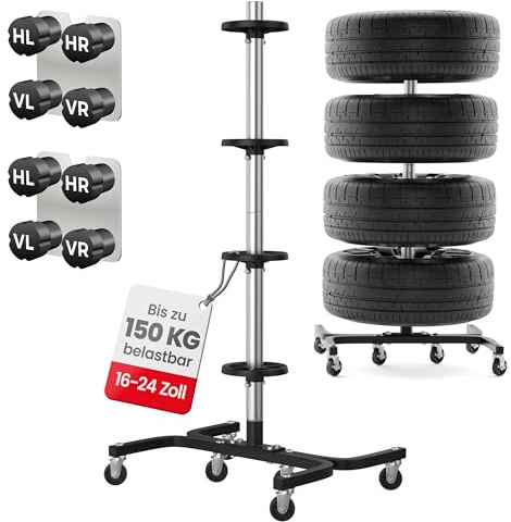 GENTOR Felgenbaum XL fahrbar für 4 Autoreifen bis 295mm (16–24 Zoll) – Reifenständer bis 150kg mit Rollen, Feststeller & 8 Reifenmarkierern – stabile & felgenschonende Lagerung