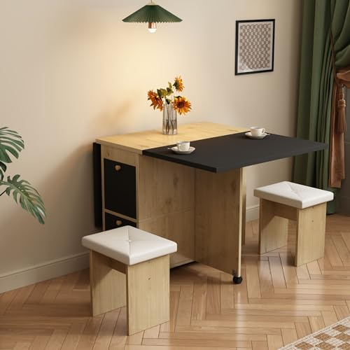 NNJN Set da pranzo (tavolo da pranzo e 4 sedie), pieghevole, 120 x 80 x 75 cm, tavolo da pranzo multifunzionale e allungabile con sedie, bianco + rovere + nero.