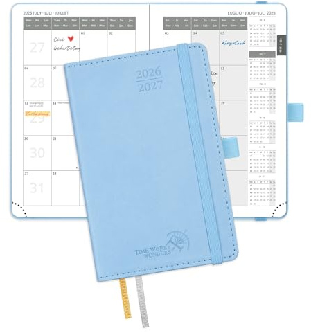 POPRUN Agenda Månadskalender 2026 2027 Pocket 16 x 10,5 cm, Juli'26 - Dec'27, 18 Månader, Liten A6 Kalender, Mjuk PU Läderomslag, Fickfack, Papper 100 gsm,Blå
