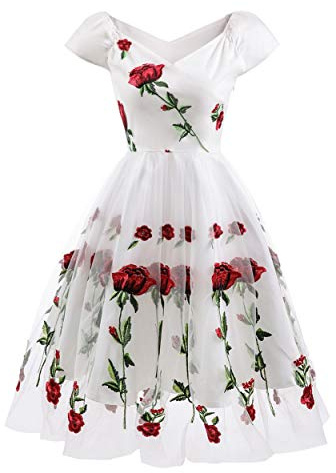 Taigood Abito da Donna Vintage Ricamato Rosa Anni '50 con Scollo a V in Pizzo da Sera Abiti da Cocktail Bianchi XXL