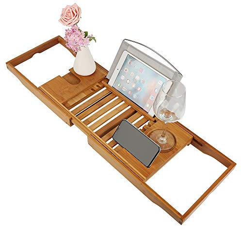 Pont de Baignoire Extensible en Bambou, Plateau Baignoire Expérience de Spa, Support Intégré pour Livre et Tablette, Accessoire Baignoire Stable et Robuste
