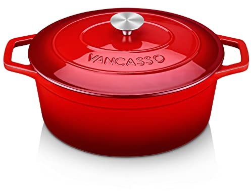 vancasso Cacerola de Hierro Fundido Esmaltado, 30 CM / 6 litros Ollas de Hierro Fundido Horno Holandés con Tapa Redonda de Acero Inoxidable Apto para Todo Tipo de Estufas- Rojo