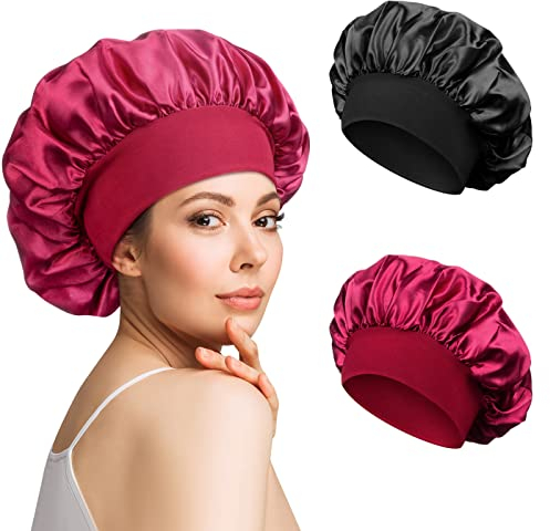 Kiiwah 2 Stück Schlafmütze Satin Bonnet Nacht Schlaf Mütze Verstellbare Schlafkappe Kopfbedeckung Weiche Kopfhaube Schlafhaube Seide mit Gummizug für Damen und Mädchen (Schwarz, Rot)
