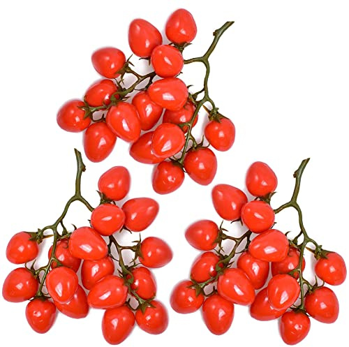 DinQ Set of 3 Artificial Cherry Tomatoes Fake Vegetables for Salad Festival Home Kitchen Cabinet Decoration Red