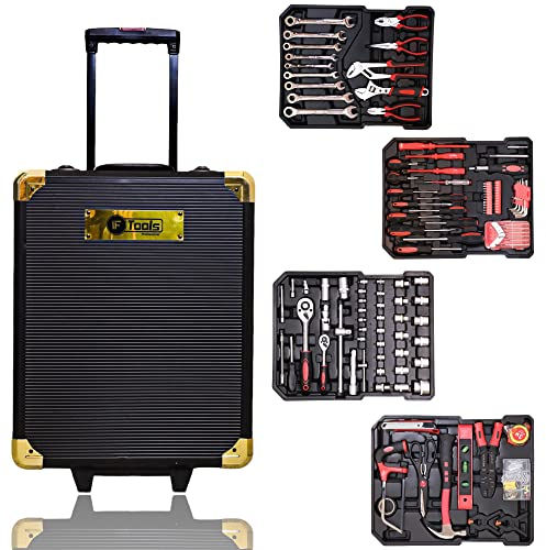 Premium 599-teiliges Professional Aluminium Werkzeugkoffer-Set - Mit Rollen, Teleskopgriff, 4 Ebenen, Ringratschen, Steckschlüssel, Knarren und Gabelschlüssel