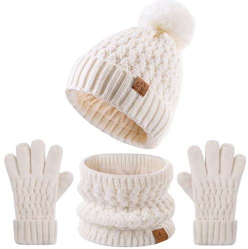 Ensemble bonnet d'hiver à pompon et gants Scart pour enfants, bonnet en laine tricoté doublé polaire pour garçons et filles, pour enfants de 3 à 9 ans