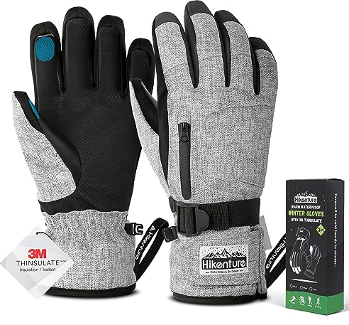 HIKENTURE Winterhandschuhe Herren Damen, 3M Thinsulate Skihandschuhe, wasserdichte Handschuhe Winter Warm, Winddichte Touchscreen Snowboardhandschuhe für Skifahren, Radfahren, Motorrad, Laufen Grey-M