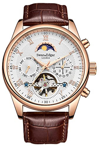 Swan and Edgar Complexity – Automatische Uhr für Herren | Mondphase & offenes Herz Skelett-Zifferblatt | Edelstahlgehäuse, Saphirglas, Echtlederarmband, 30 m wasserdicht, 5-Jahres-Garantie