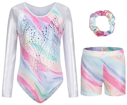 FEOYA Turnanzug Mädchen Langarm Kinder Gymnastikanzug mit Shorts Haarband Set Tanz Gymnastik Training Dancewear 3er Set Gymnastikanzug Tanzen Kleidung C 7-8 Jahre
