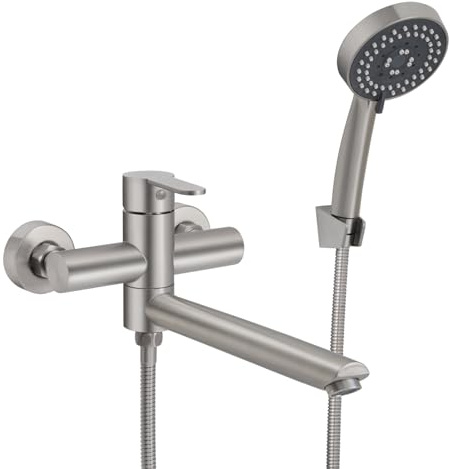 PHASAT Grifo Para Bañera Montaje en Pared juego de ducha de pared ducha de lluvia Monomando con Ducha de Mano Caño Giratorio de 90°, Níquel PTBN13E