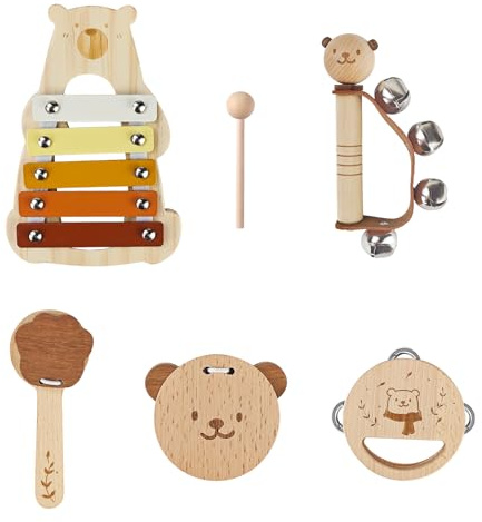 5Pcs Kids Wooden Musical Instruments Toys - Toddlers Bear Musical Toys Set, Baby Sensory Xylophone Tambourine Percussion Instruments Castanets for Boys Girls Gifts Musical Enlightment Christmas