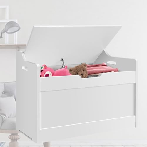 VickyHome Toy Storage Boxes Large Kids Chest, White Wooden Storage Blanket Toy Box Bench with Lids, Storage Box Seat with Cut-Out Handle, Safety Hinges for Clothes Toys