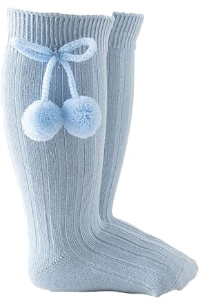 Raopuzi Calcetines Largos Bebe de Algodón Altos de Punto Bebé Elástico Calcetines Hasta la Rodilla para Niña Niño Pequeño Recien Nacido con Pompones Medias Largas Cálidos