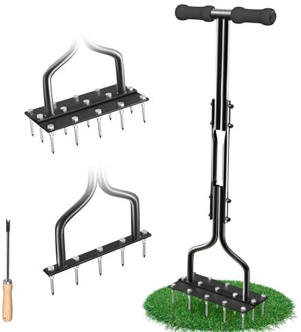 SUNEOWALY Aireador Manual para césped con 15 Puntas de Acero sólido de 6 cm, aireación de césped de jardín y Herramienta de aireación de Suelo con Herramienta de Limpieza para airear césped y Cuidado