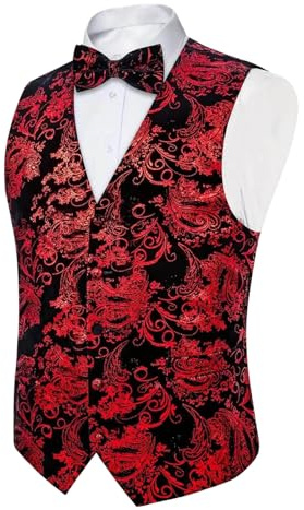 MODSGUE Veste en Satin Uni pour Homme - Ensemble avec Cravate, Nœud Papillon, Pince-cravate, Mouchoir de Poche et Boutons de Manchette - Vêtement d'affaires et de Loisirs, rouge, 3XL