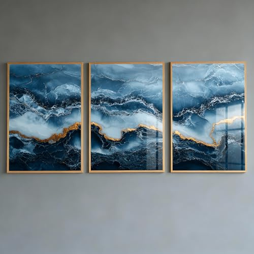 PWAAHDC Väggkonst i marinblå och guldfärg, i set om 3, abstrakt marmoraffisch för vardagsrum, sovrum, badrum och hall – moderna blå estetiska tryck (ramfria, 40 x 60 cm)