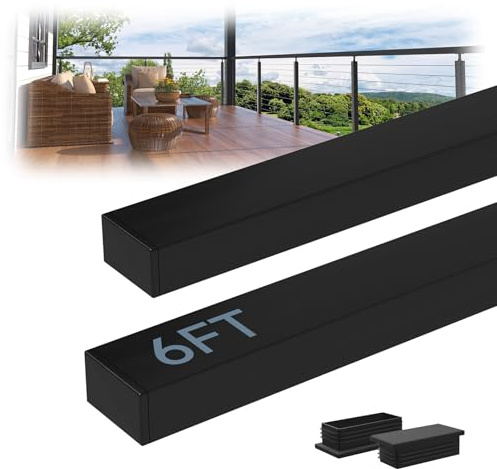 Zylorix 2Pack 6FT Stainless Steel T304 Black Handrail for Cable Railing with Nylon End Cap Kits, 2.36 W x 1.18 H Cuttable Flat Handrail Rectangular Top Rail for Stair Railing Indoor Outdoor