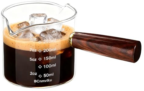 NLnnmuzh 250ml Espresso Shot Glass with Wood Handle,V-Shaped Spout Espresso Cups with Dual Scale(ml/oz),Espresso Glass for Coffee,Milk,Juice,Liquid