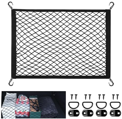 APKOL Rete Bagagliaio Auto 60x40cm Estensibile Fino a 120×80cm, Rete Portaoggetti in Nylon Elastico con 4 Ganci e 4 Anelli in Metallo, Organizer Universale per Auto, SUV, Camion, Furgone, Nero