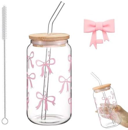 Aesthetic Bicchiere di Vetro, 500ml Vetro con Fiocco Rosa con Coperchio e Cannuccia, Bicchiere in Vetri Matcha, con Spazzola per la Pulizia, Riutilizzabile, Adatto per Cocktail e Succhi di Frutta