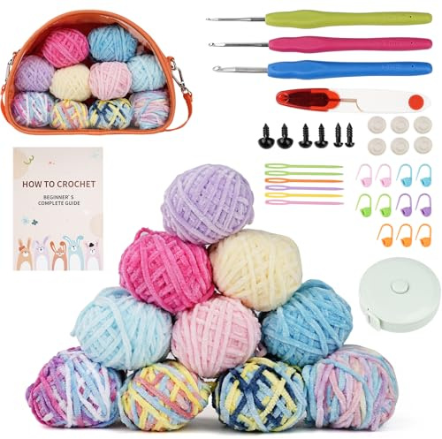 YUMILI Kit de ganchillo de 36 piezas para principiantes, juego de tejer con hilo de tinte seccional de chenilla, ganchos de ganchillo ergonómicos, marcadores de puntada para adultos y niños