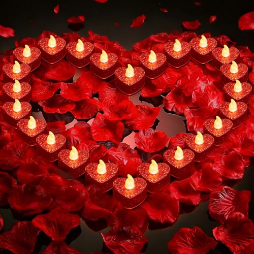 ZOYDP Lot de 24 bougies chauffe-plat LED en forme de cœur sans flamme - Rouge - Avec 2000 pétales de rose artificiels - Décoration d'amour pour Saint-Valentin, mariage - Lumière jaune chaude