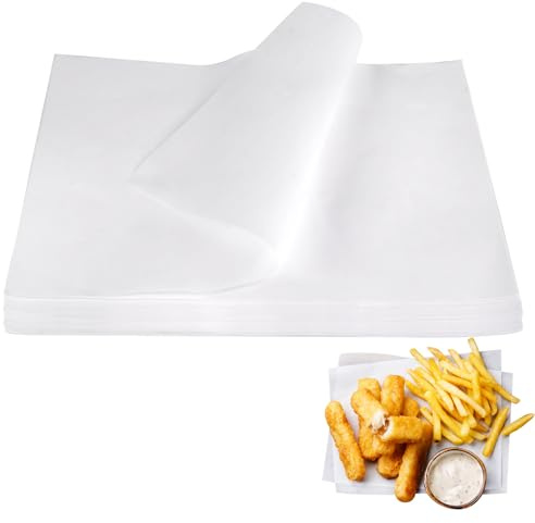 100 Hojas Papel Encerado para Alimentos 20x30 cm, Papel de Horno Blanco, Impermeable Antiaceite y Antiadherente, para Horno, Patatas Fritas, Hamburguesas, Sándwiches, Barbacoa, Postres