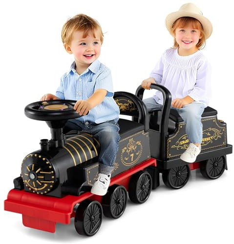 COSTWAY Trenino Elettrico con Vagone, 6V Giocattolo Elettrico a Batteria con Contenitore, Poggiapiedi Estraibili, Musica e Luci LED, Auto Elettrica per Bambini 18+ Mesi