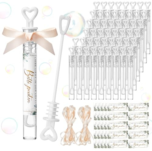 Skylety 50 Set Bolle Matrimonio con Adesivi, Tubi con Cuore, Accessori per Cerimonia, Bomboniere Ospiti, Decorazione per Comune, Battesimo, Festa di Compleanno