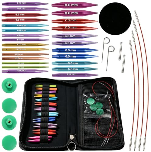 EAAGHK 12 Paires Aiguilles à Tricoter Circulaires Métal, Aiguilles à Tricoter Interchangeable 3.0-8.0mm, Aiguille Circulaire Tricot avec Câble, 4 Embout, 2 Connecteur, 2 Tendeur à Broche, 1 Rondelle