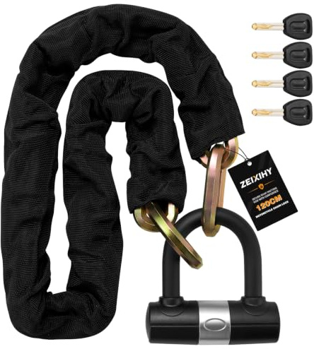 ZEIXIHY Heavy Duty Motorcycle Chain Lock, 10mm Hardened Steel Anti Theft Bike Lock Chain with U Lock & 4 Keys, 3.9FT Cut Resistant Security Lock for Motorcycle, E-Bike, Scooter, Bicycle, Gate - Gold