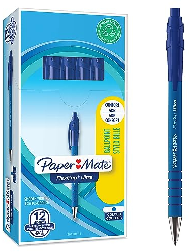 Paper Mate Flexgrip Ultra-Druckkugelschreiber | mittlere Spitze (1,0 mm) | blau stifte set | Schulsachen und bürobedarf | 12er-Box