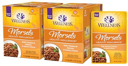Wellness Healthy Indulgence Morsels Adult Wet Cat Food, Natural, Protein Rich, Grain Free, Chicken and Salmon Recipe, 3 oz, Pack of 24 Pouches