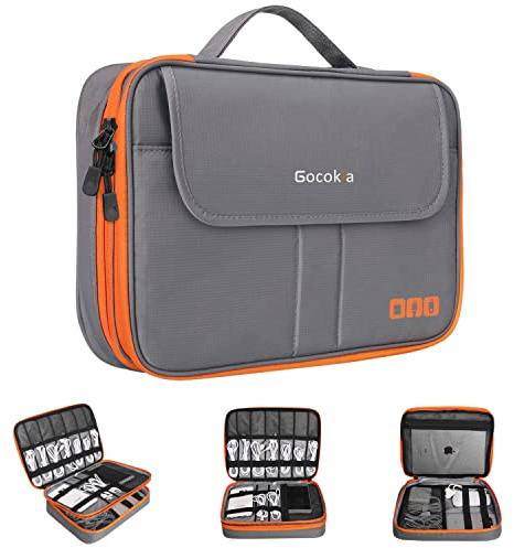 Gocokia Double Layers Large Capacity Travel Electronic Accessories Organizer Bag, 2 Front Pockets Travel Gadget Carry Case, Perfect Size Fit for iPad,iPhone,Cables,Power Bank,Tablet(10.2’’)-Grey